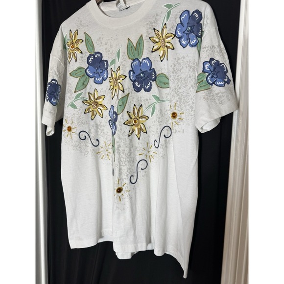 Vtg 90s Watercolor Flowers Painted Single Stitch Nature Art Vaporwave Brush Work - Picture 2 of 13